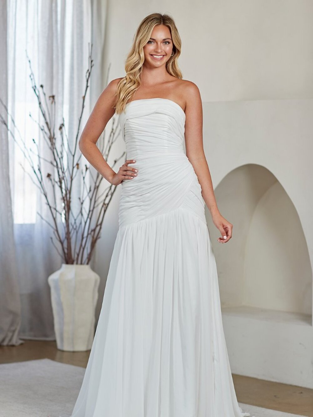 New White Strapless Mermaid Long Wedding Dress w/ Ruched Design AC 6132